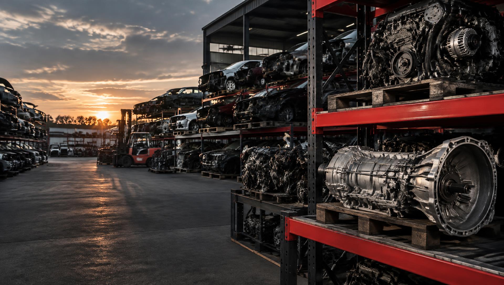 Organized auto dismantling yard with engines and transmissions ready for resale